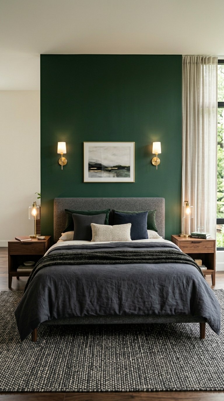 Men's Bedroom With an Accent Wall in a Deep, Saturated Color