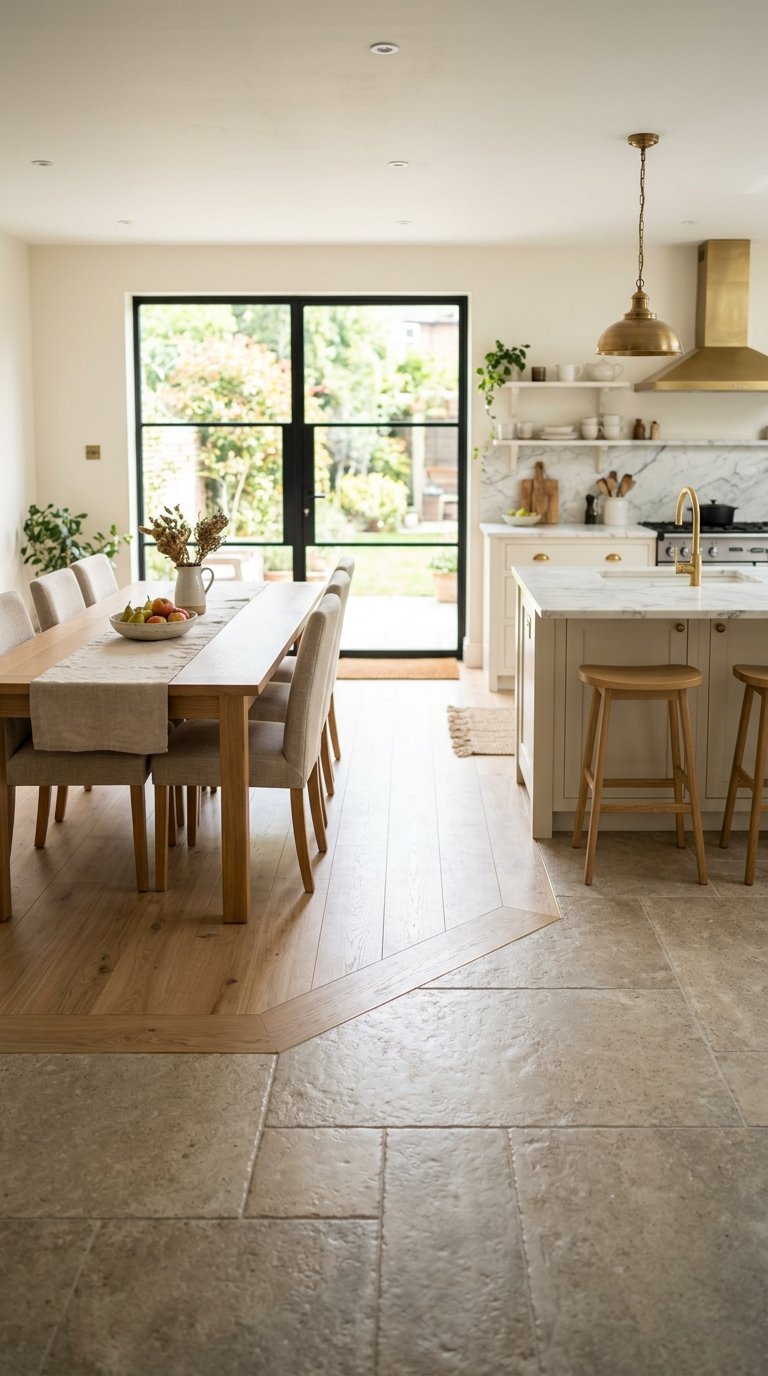 Mixed Material Floor With Stone and Wood-Look Tile