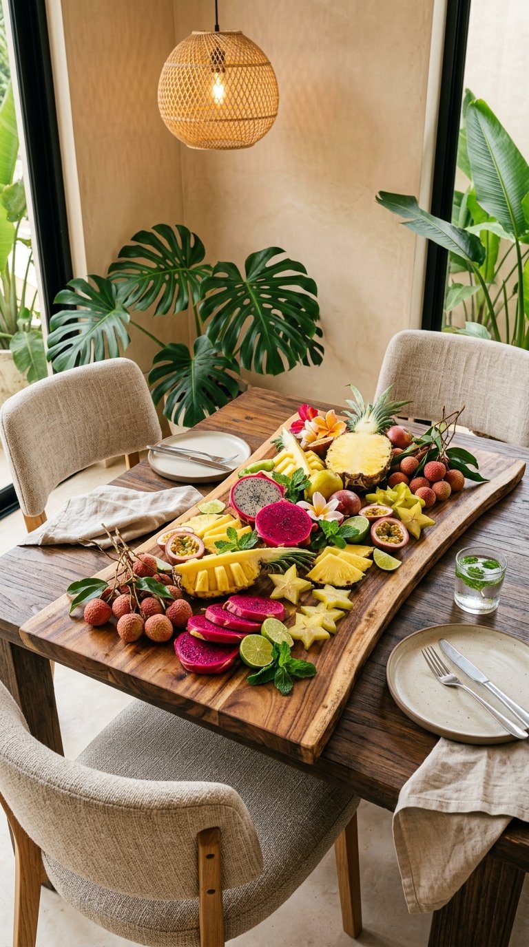 Mixed Tropical Fruit on a Large Wooden Board