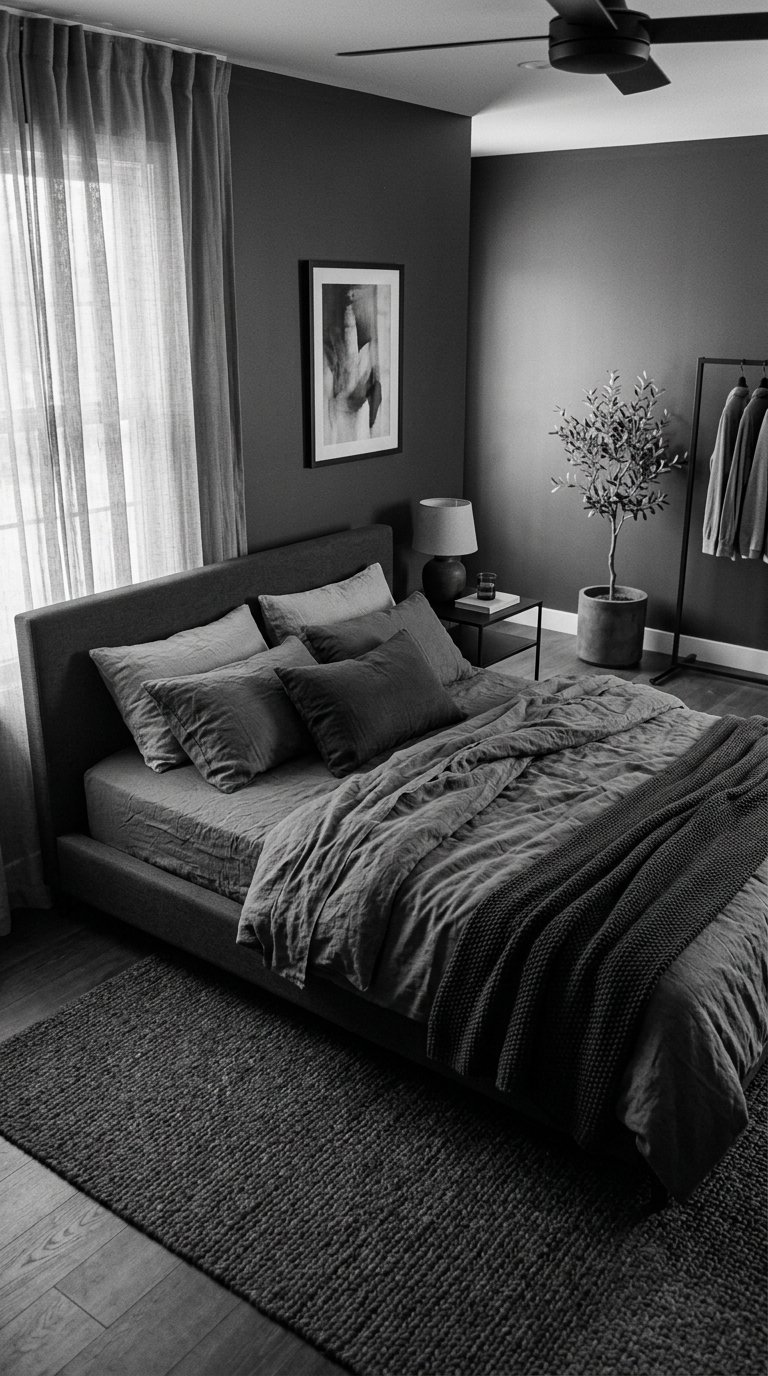 Monochrome Men's Bedroom in Charcoal and Gray