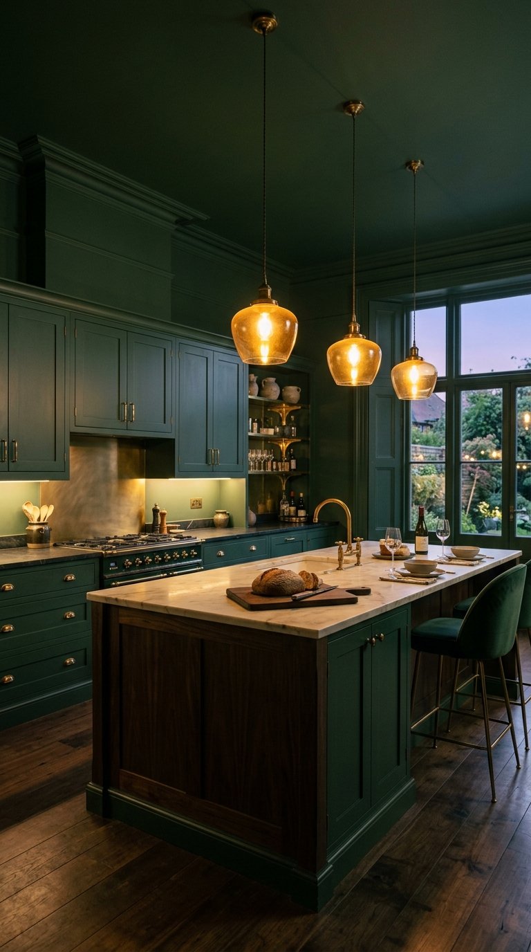 Moody Dark Green Kitchen With Warm Yellow Lighting