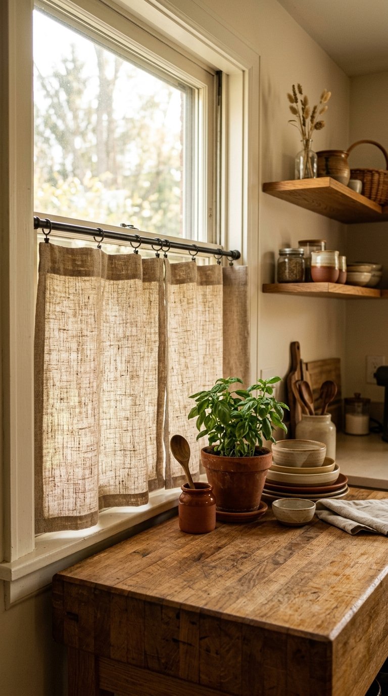 Natural Linen Tier Curtains for a Warm, Organic Kitchen