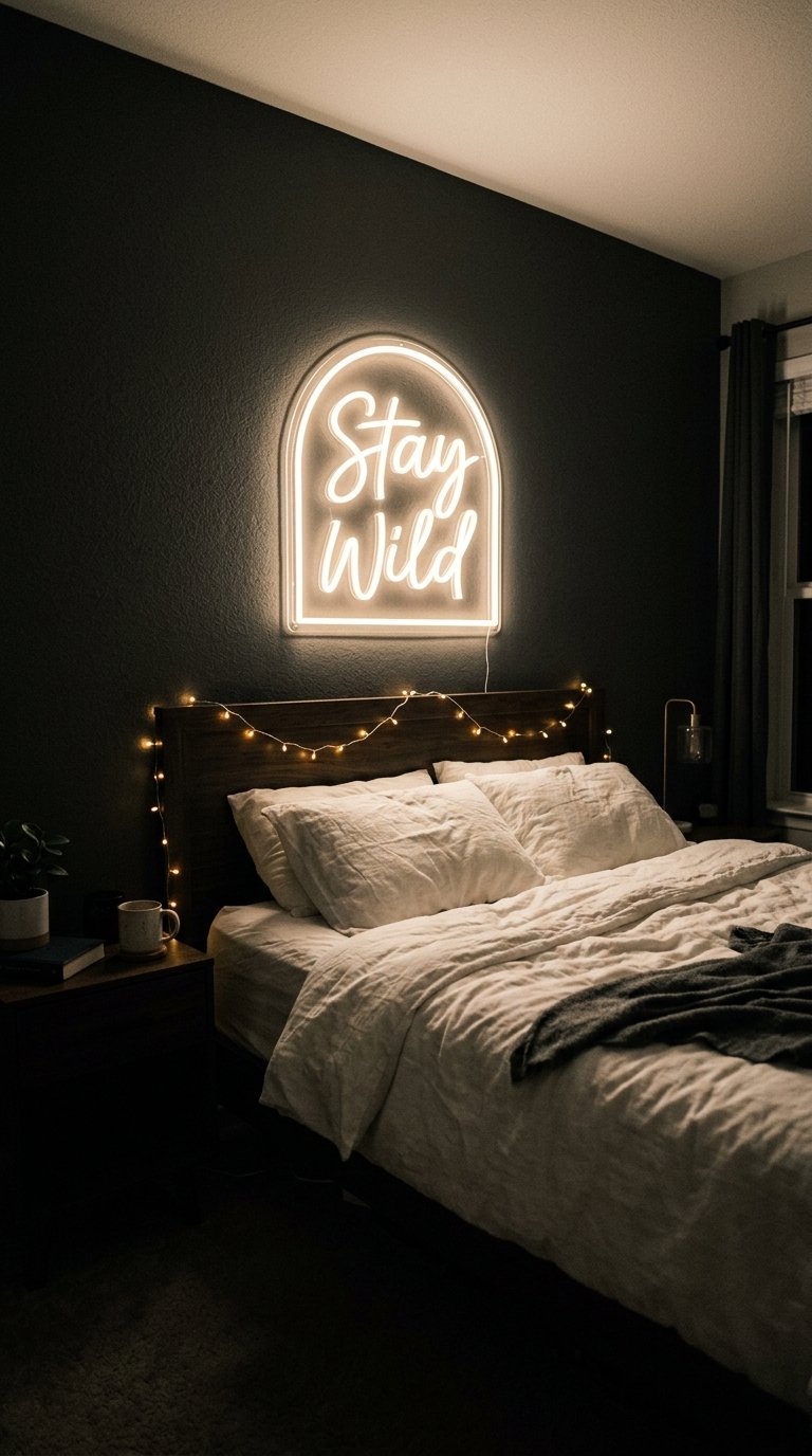 Neon or LED Sign Mounted Above the Bed