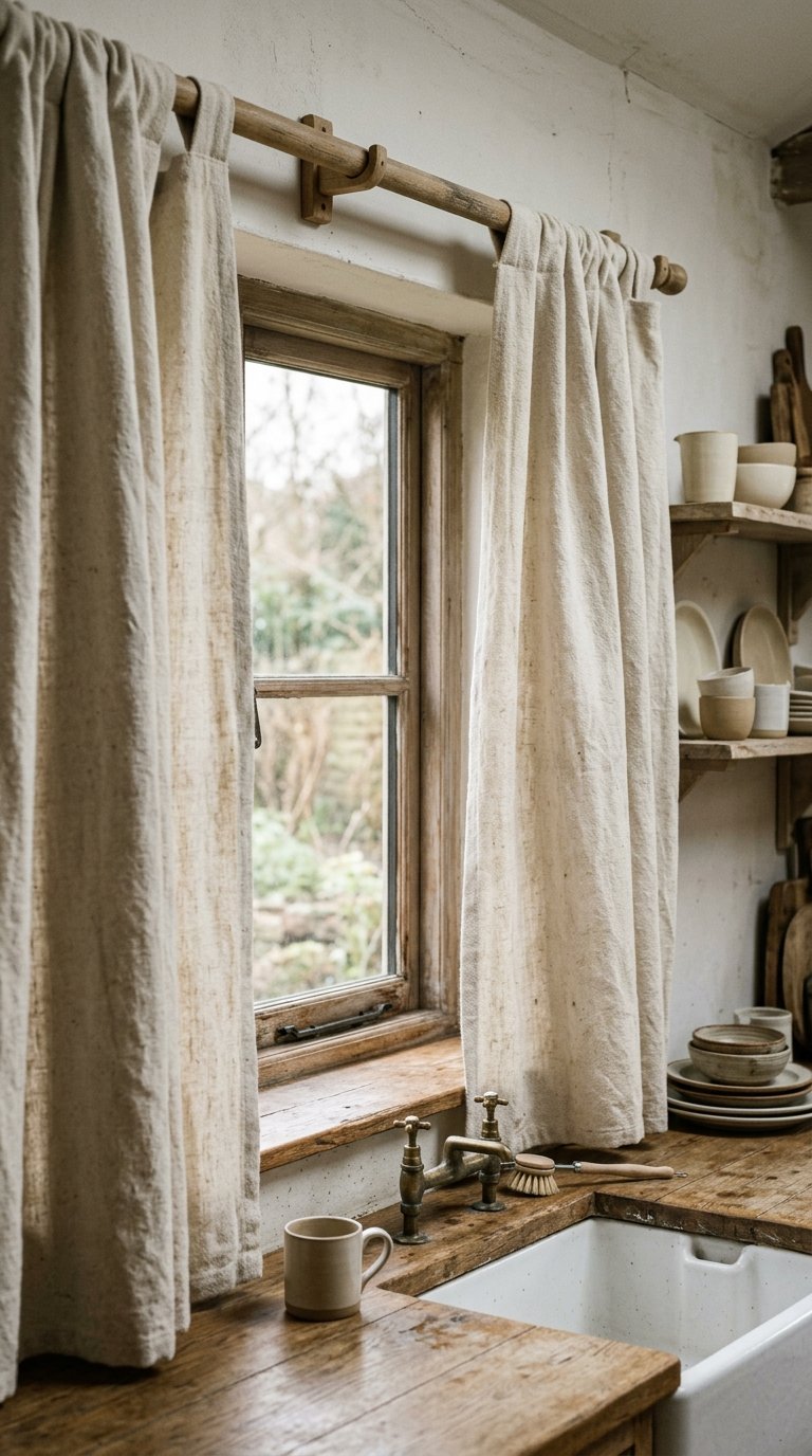 No-Sew Drop Cloth Curtains for a Budget Farmhouse Kitchen
