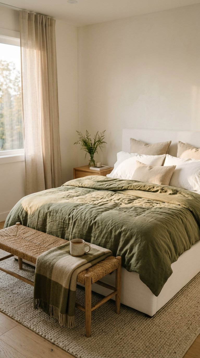 Olive Green Bedding on a White Bed for a Subtle Green Introduction