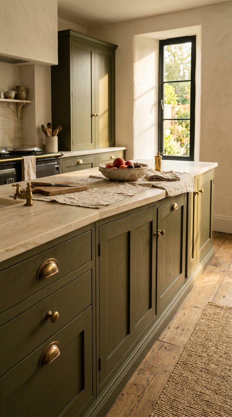 Olive Green Cabinets With Brass Hardware