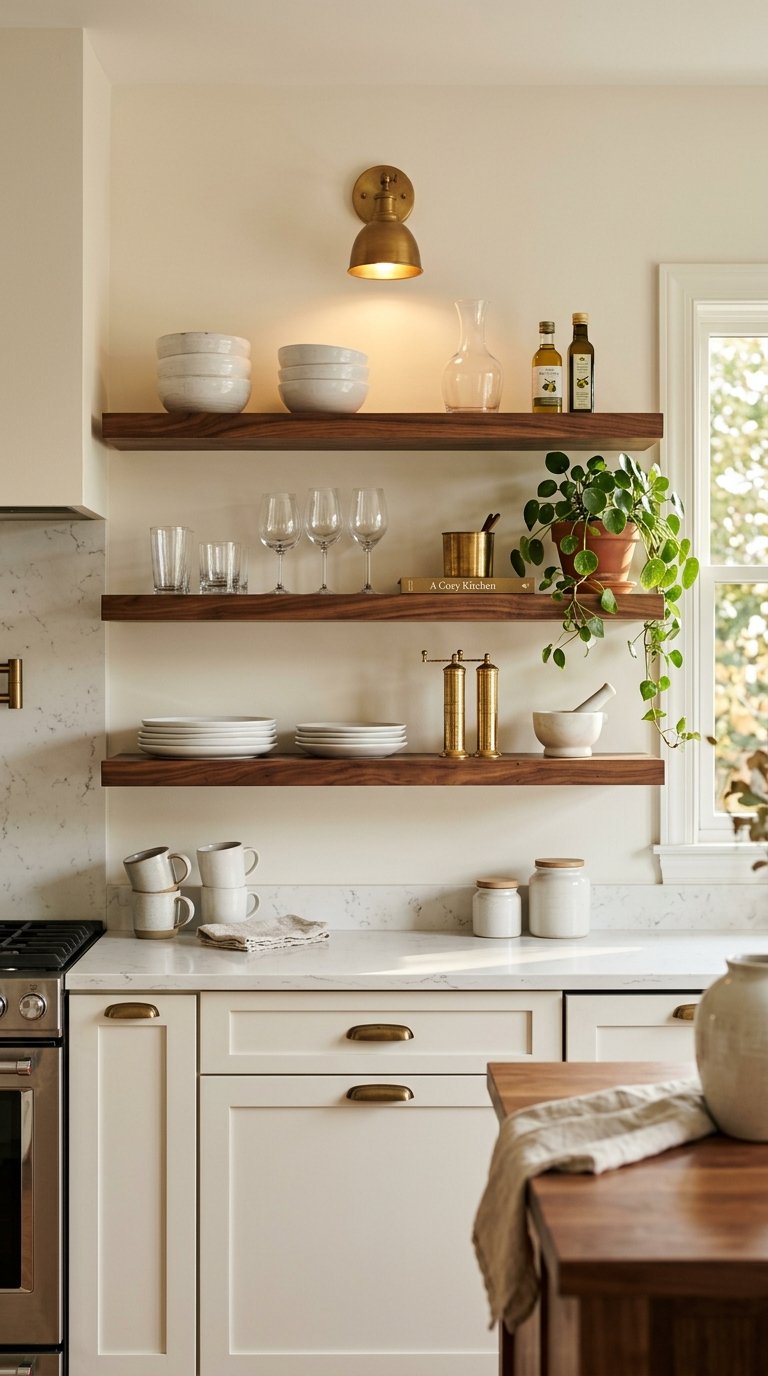 Open Shelving in Place of Upper Cabinets on One Wall