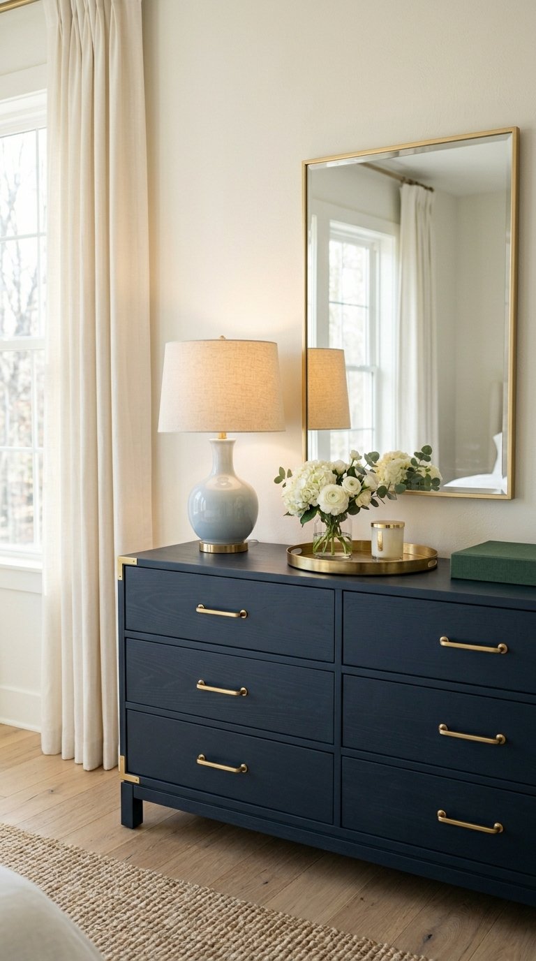 Paint Bedroom Furniture in Navy and Replace Hardware with Brass