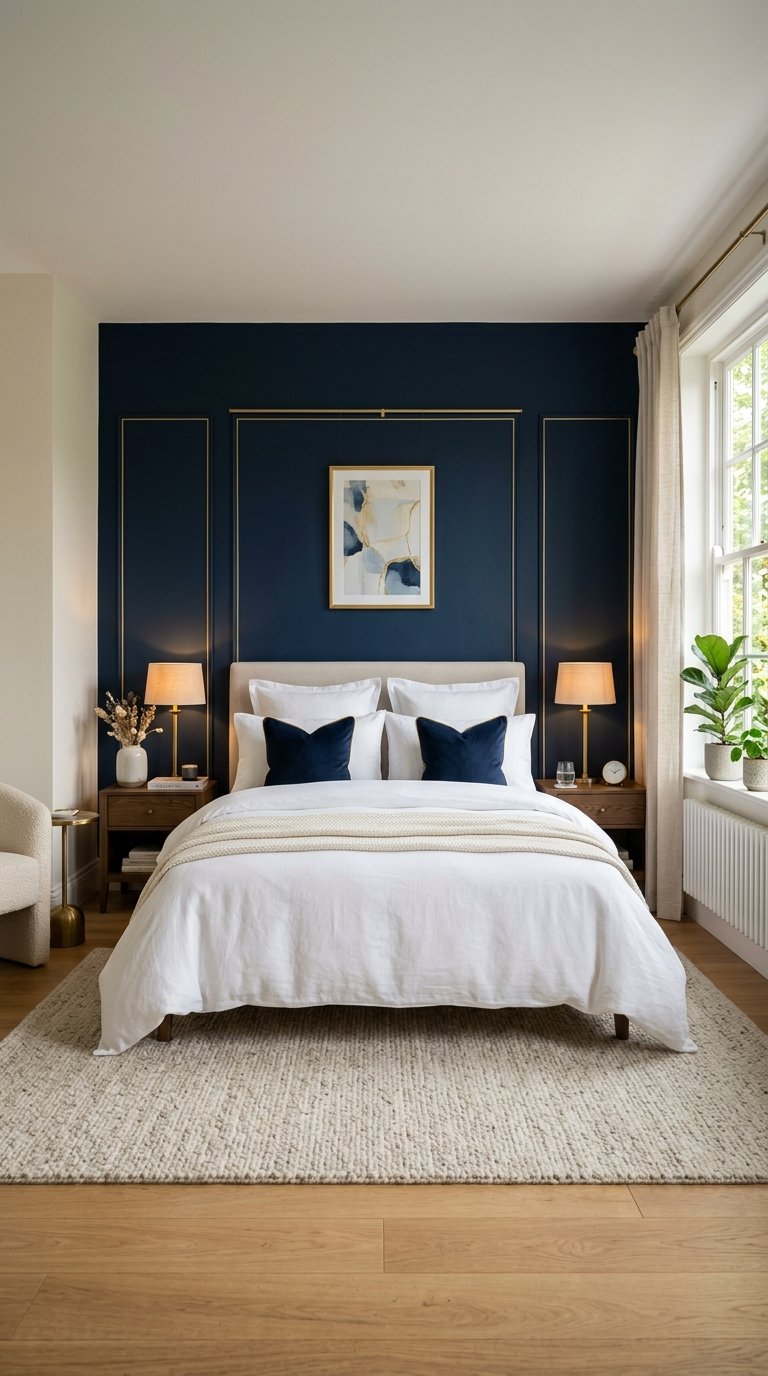 Paint One Wall in Deep Navy and Add Gold Trim