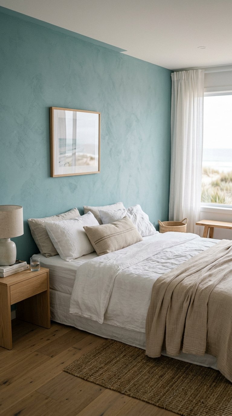 Paint an Accent Wall in Soft Aqua or Dusty Blue Behind the Bed