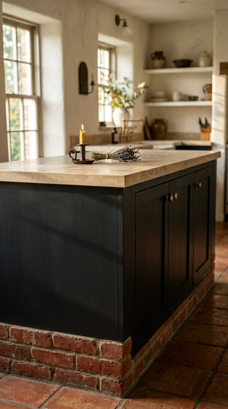 Painted Black Island With Exposed Brick or Stone Base Detail