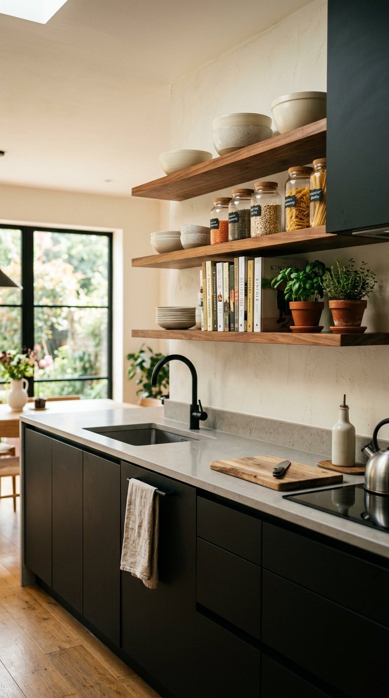 Pair Black Cabinets with Warm Wood Open Shelving