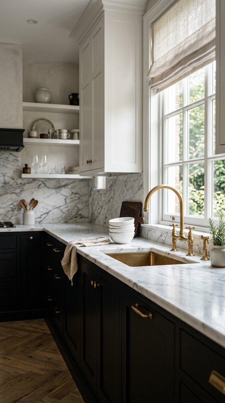 Pair Black Cabinets with White Marble Countertops