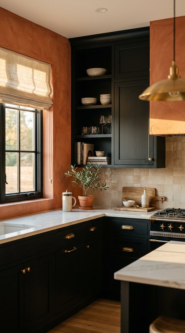 Pair Black Cabinets with a Bold Coloured Kitchen Wall