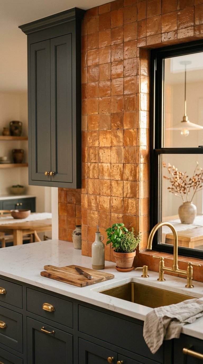 Pair Charcoal Cabinets With Terracotta Tile Backsplash