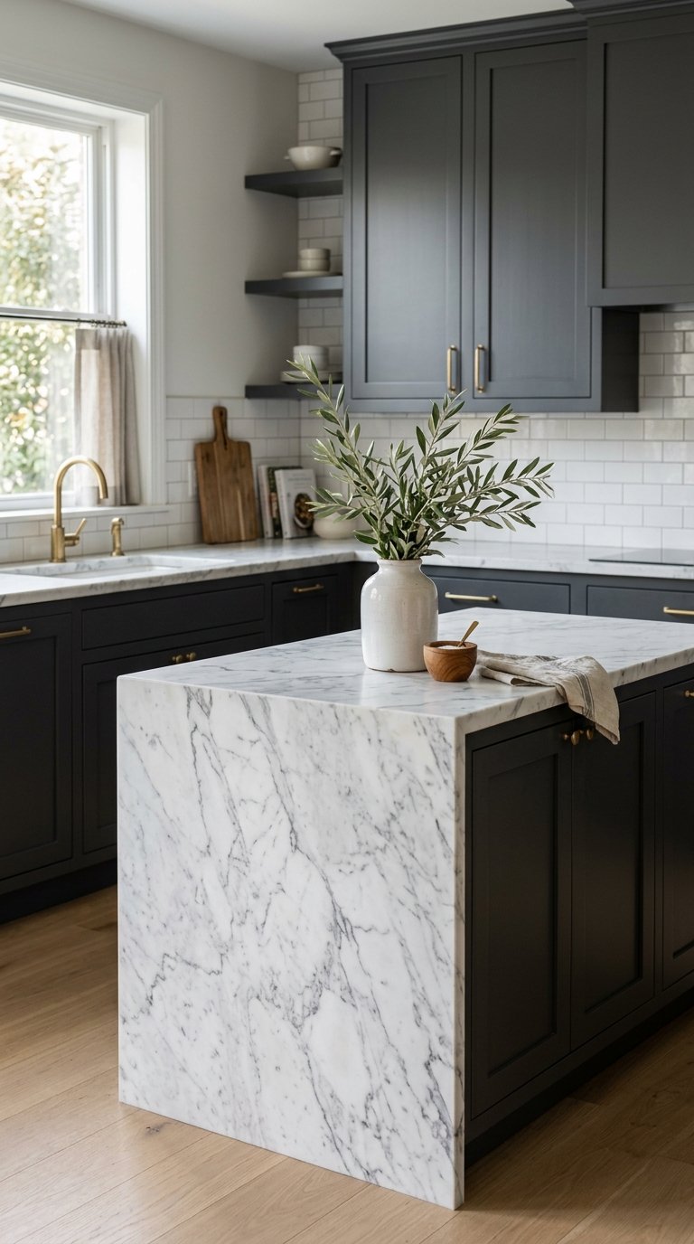 Pair Charcoal Cabinets With White Marble Countertops