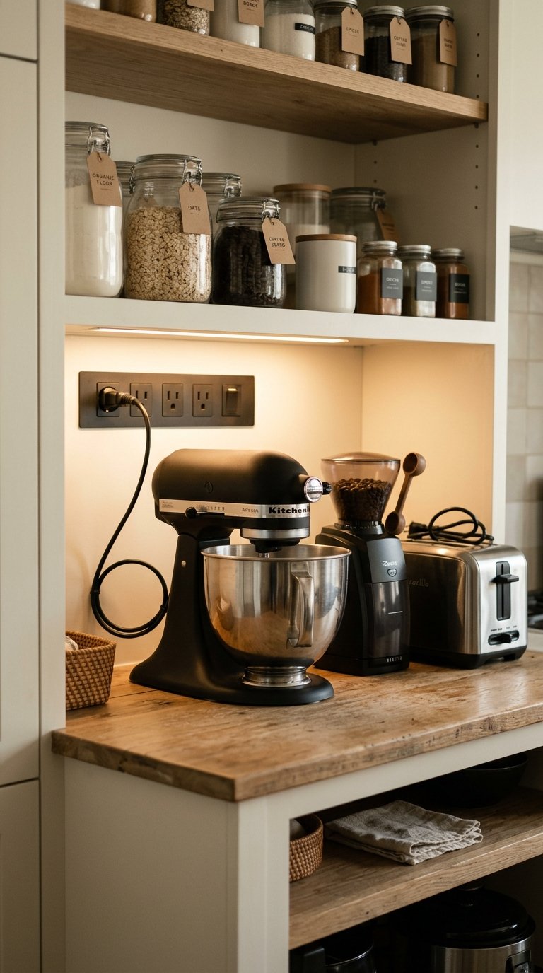 Pantry With a Built-In Charging and Small Appliance Station