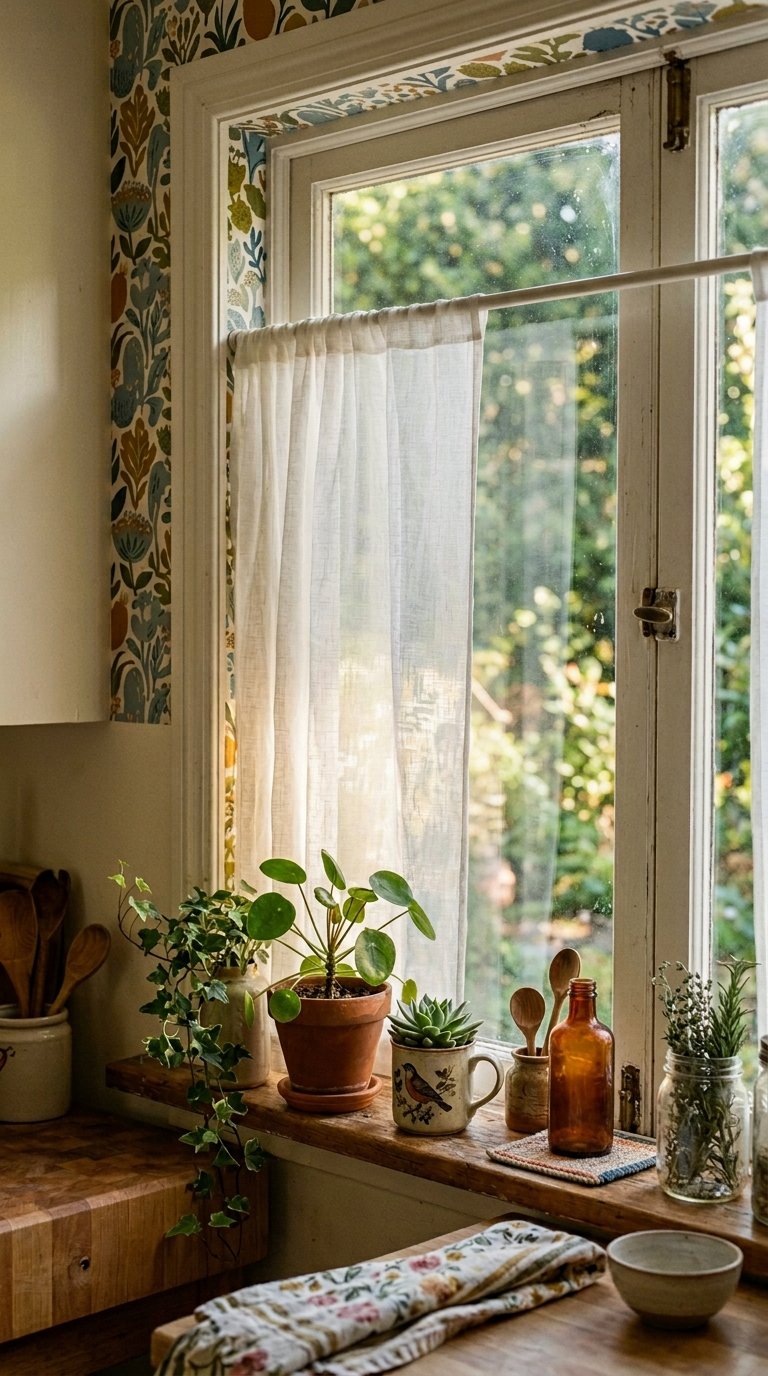 Patterned Wallpaper Panel Behind a Sheer Curtain