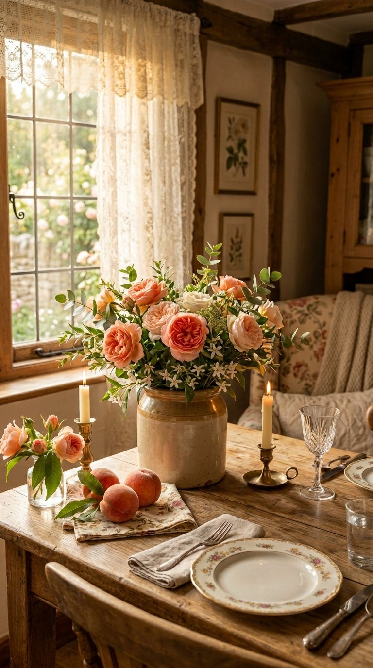 Peaches and Roses in a Ceramic Crock