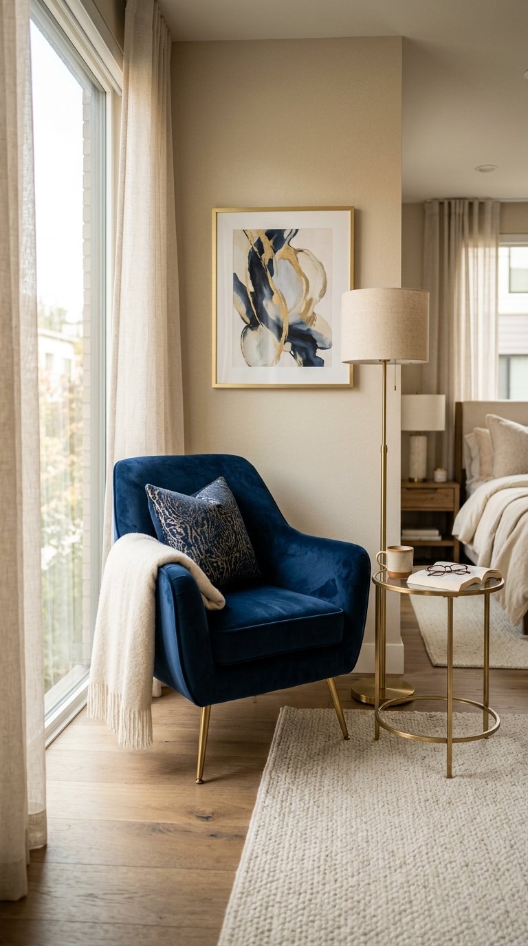 Place a Blue and Gold Accent Chair in the Bedroom Corner