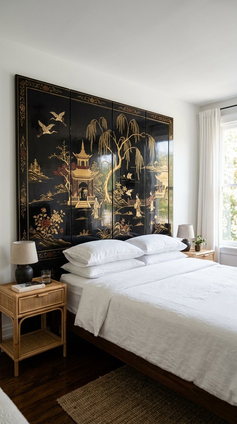 Place a Chinoiserie Screen as a Room Divider or Headboard Alternative