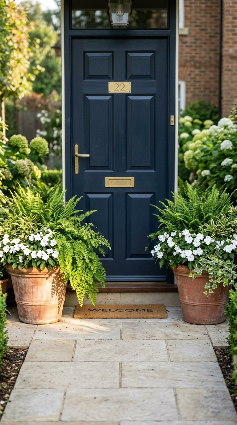 Place a Hammered Brass or Terracotta Planter at Your Front Entry