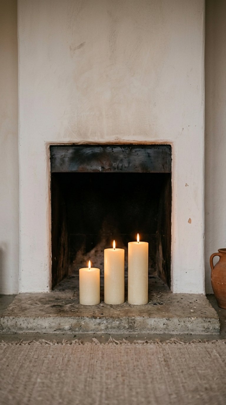 Place a Large Pillar Candle Arrangement on the Hearth