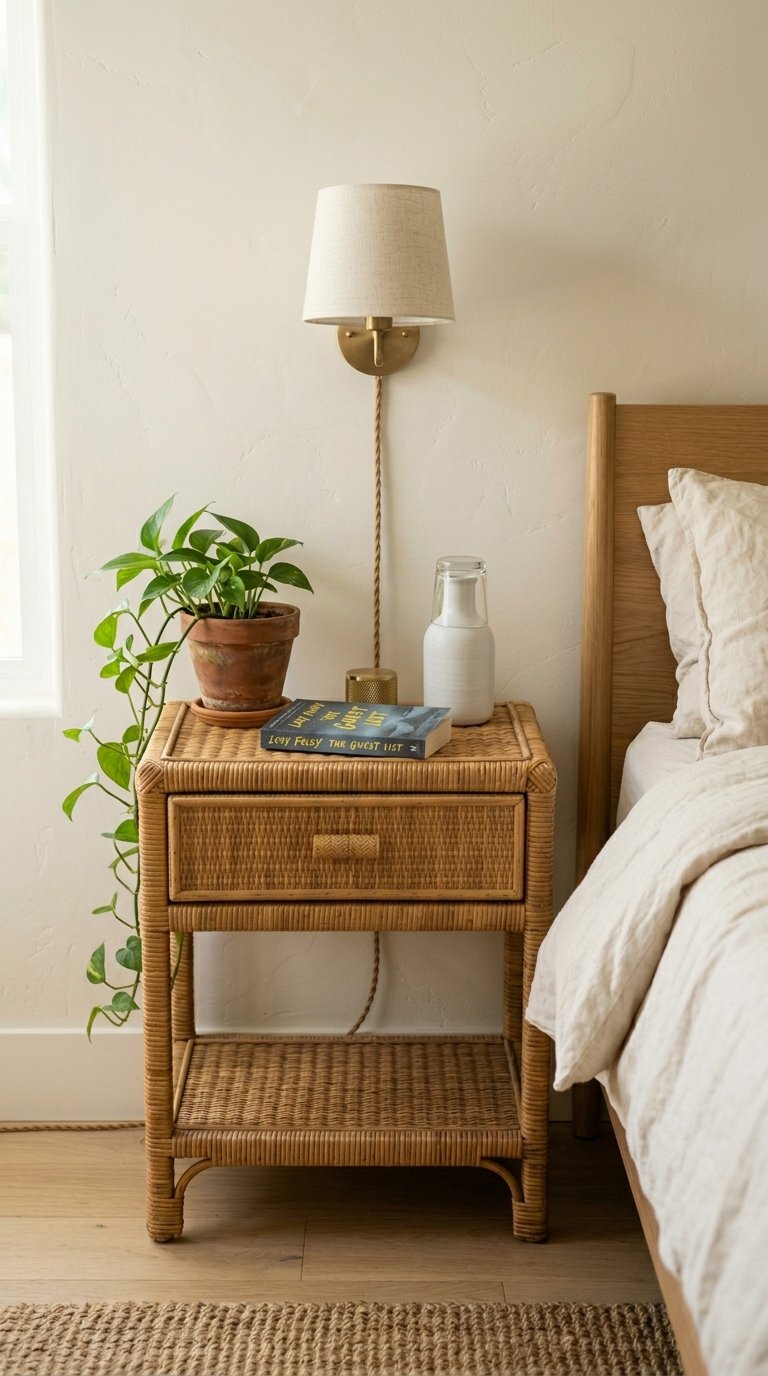 Place a Light Oak or Rattan Nightstand on Each Side