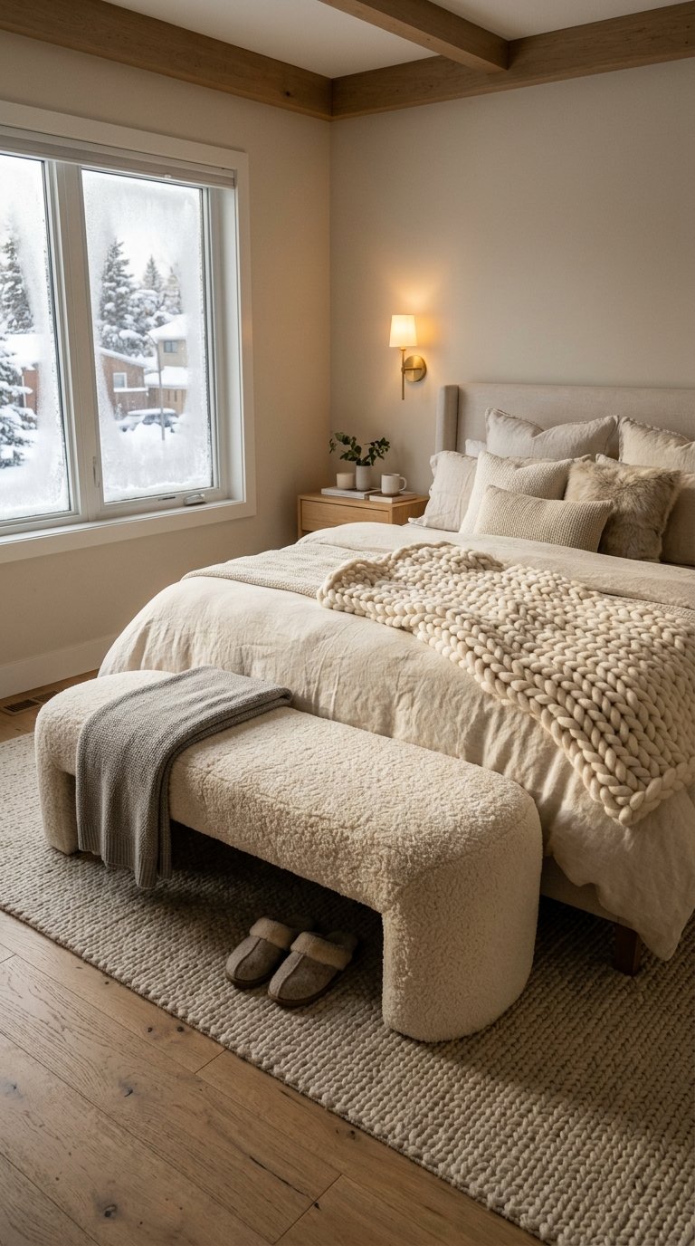 Place a Sherpa or Sheepskin Bench for Winter Warmth