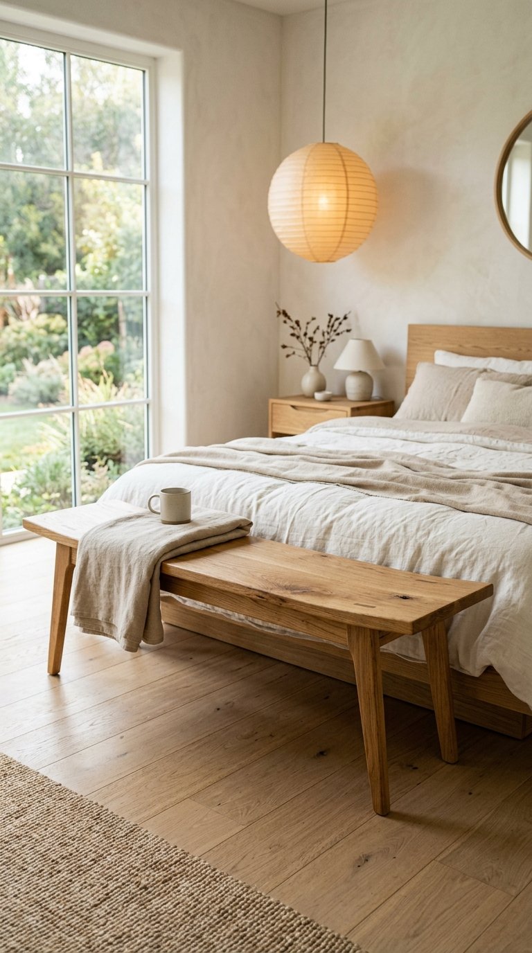 Place a Wooden Bench with Natural Finish for Warmth