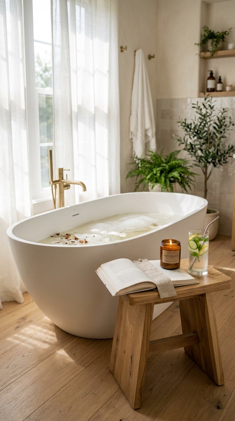 Place a Wooden Stool or Side Table Beside the Tub