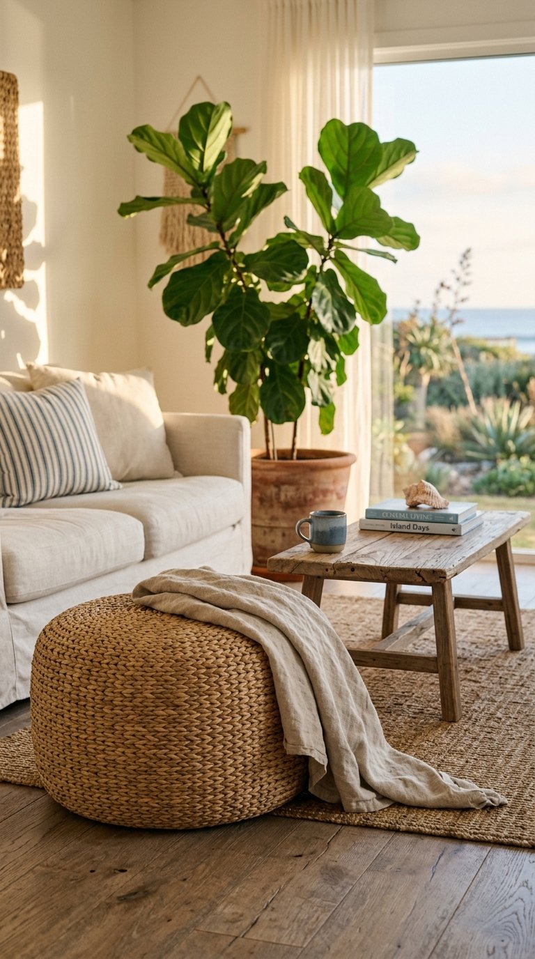 Place an Oversized Floor Cushion or Pouffe for Casual Coastal Seating