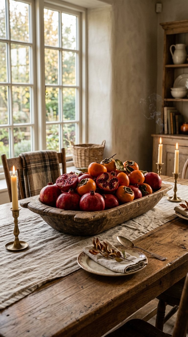 Pomegranates and Persimmons in a Wooden Dough Bowl
