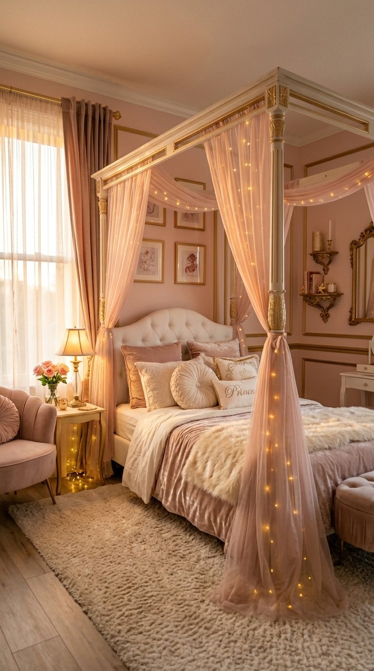 Princess-Themed Bedroom With a Canopy Bed and Soft Pink and Gold Palette
