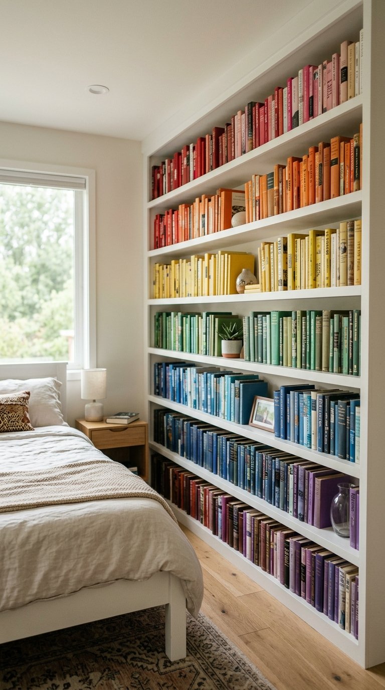 Rainbow Bookshelf Display Using Spine Color Arrangement