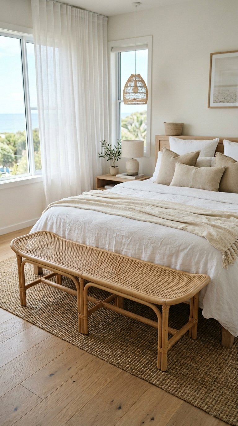 Rattan or Woven Bench for a Coastal or Boho Bedroom