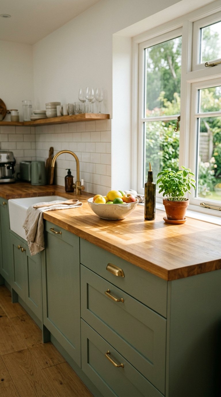 Sage Green Cabinets With Butcher Block Countertops