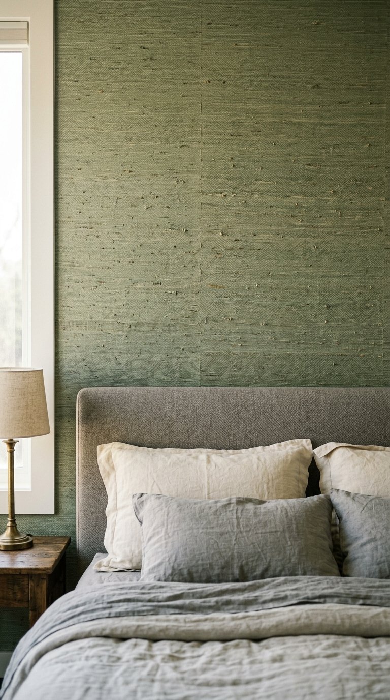 Sage Green Grasscloth Wallpaper on the Headboard Wall