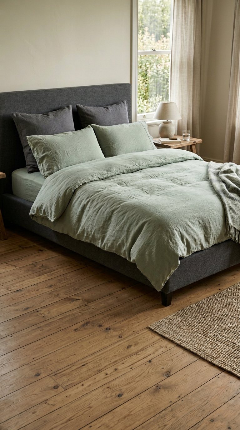 Sage Green Linen Duvet Cover on a Grey Bed Frame