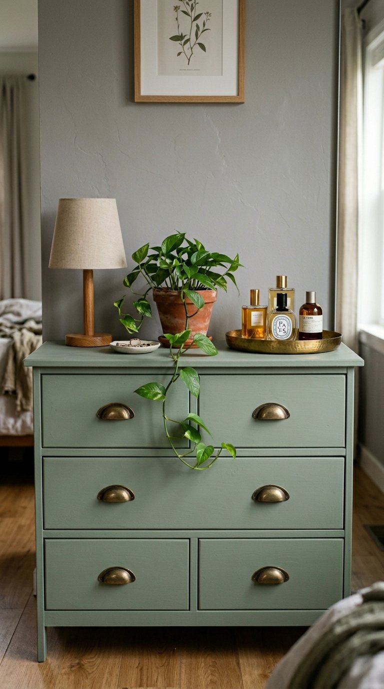 Sage Green Painted Dresser in a Grey Bedroom