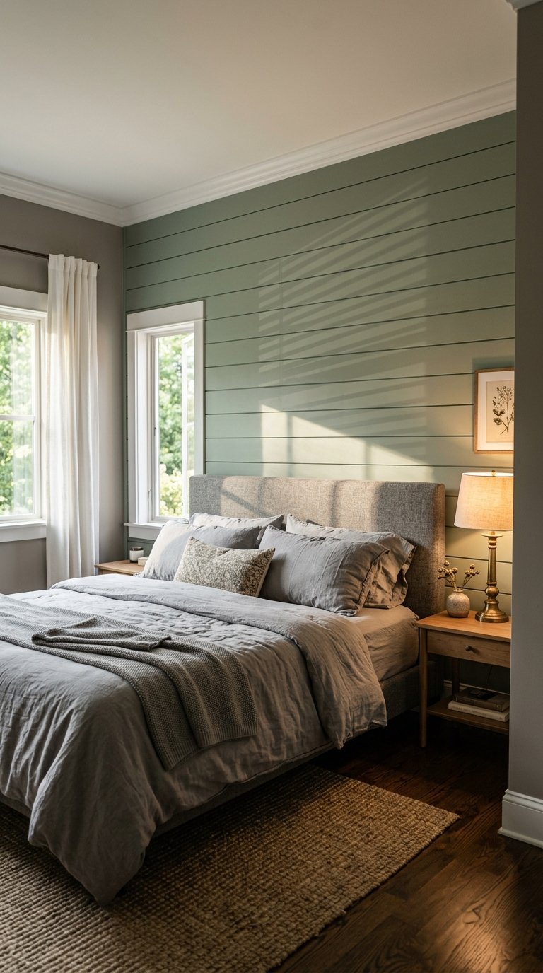 Sage Green Painted Shiplap Accent Wall in a Grey Bedroom
