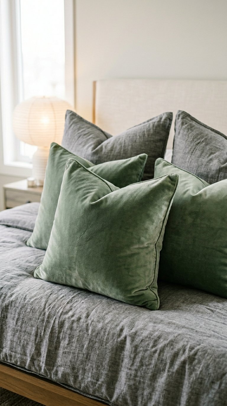 Sage Green Velvet Throw Pillows on a Grey Linen Bed