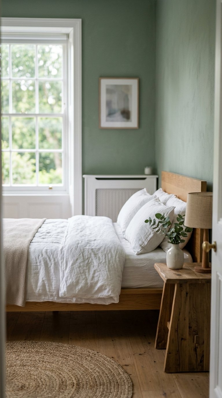 Sage Green Walls With White Linen Bedding