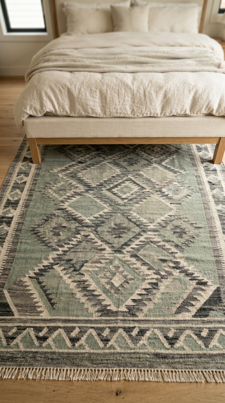 Sage Green and Grey Geometric Rug for a Patterned Floor Layer