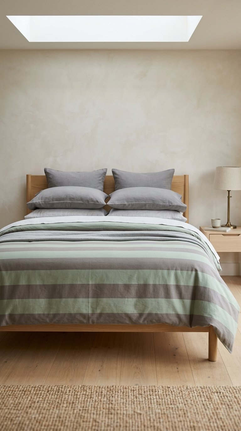 Sage Green and Grey Striped Bedding for a Graphic Bed Surface
