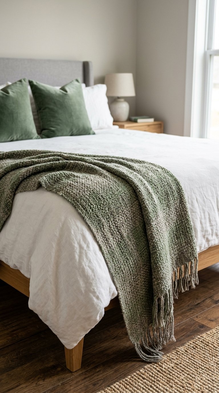 Sage Green and Grey Throw Blanket Layered Over a White Duvet