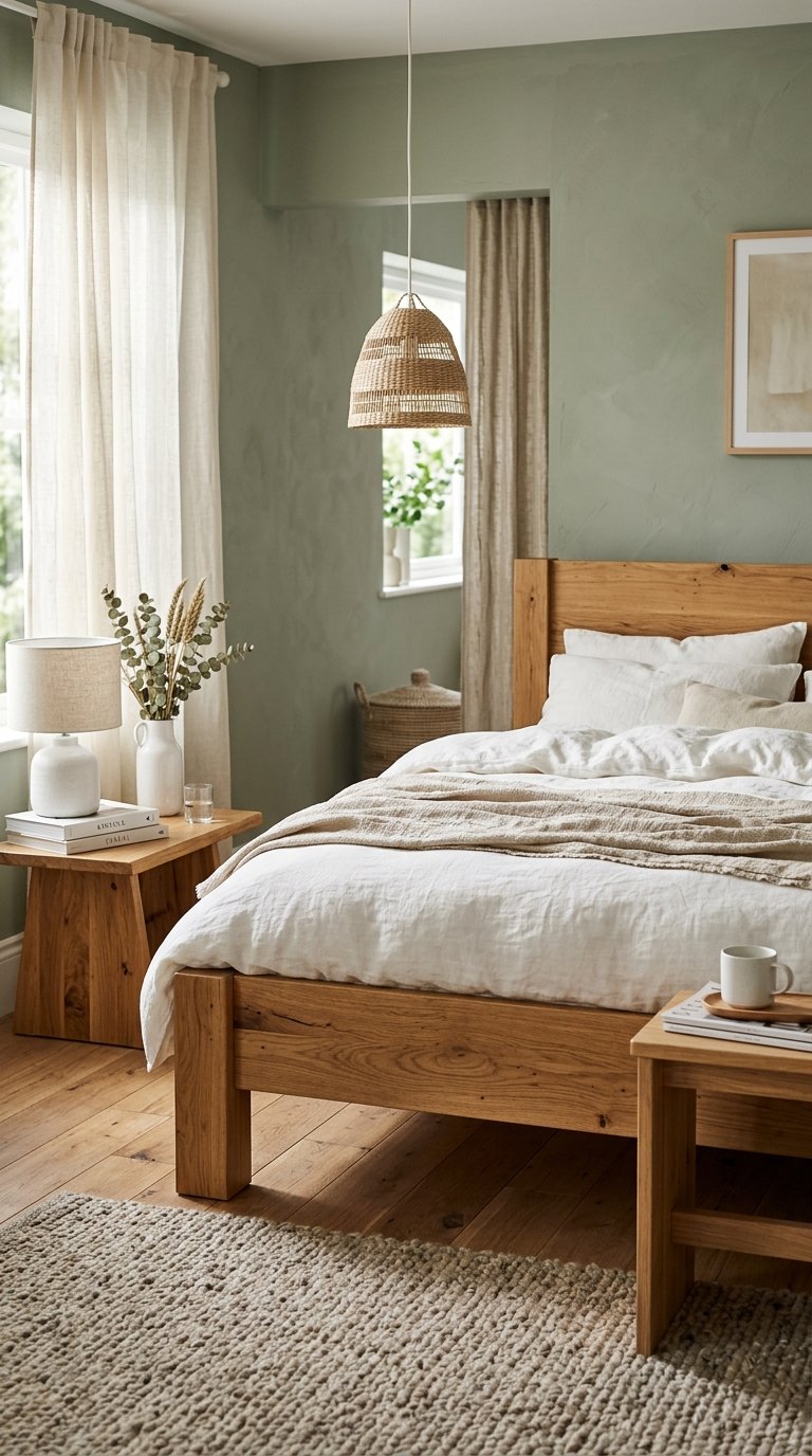 Sage Green and White Bedroom With Natural Wood Accents