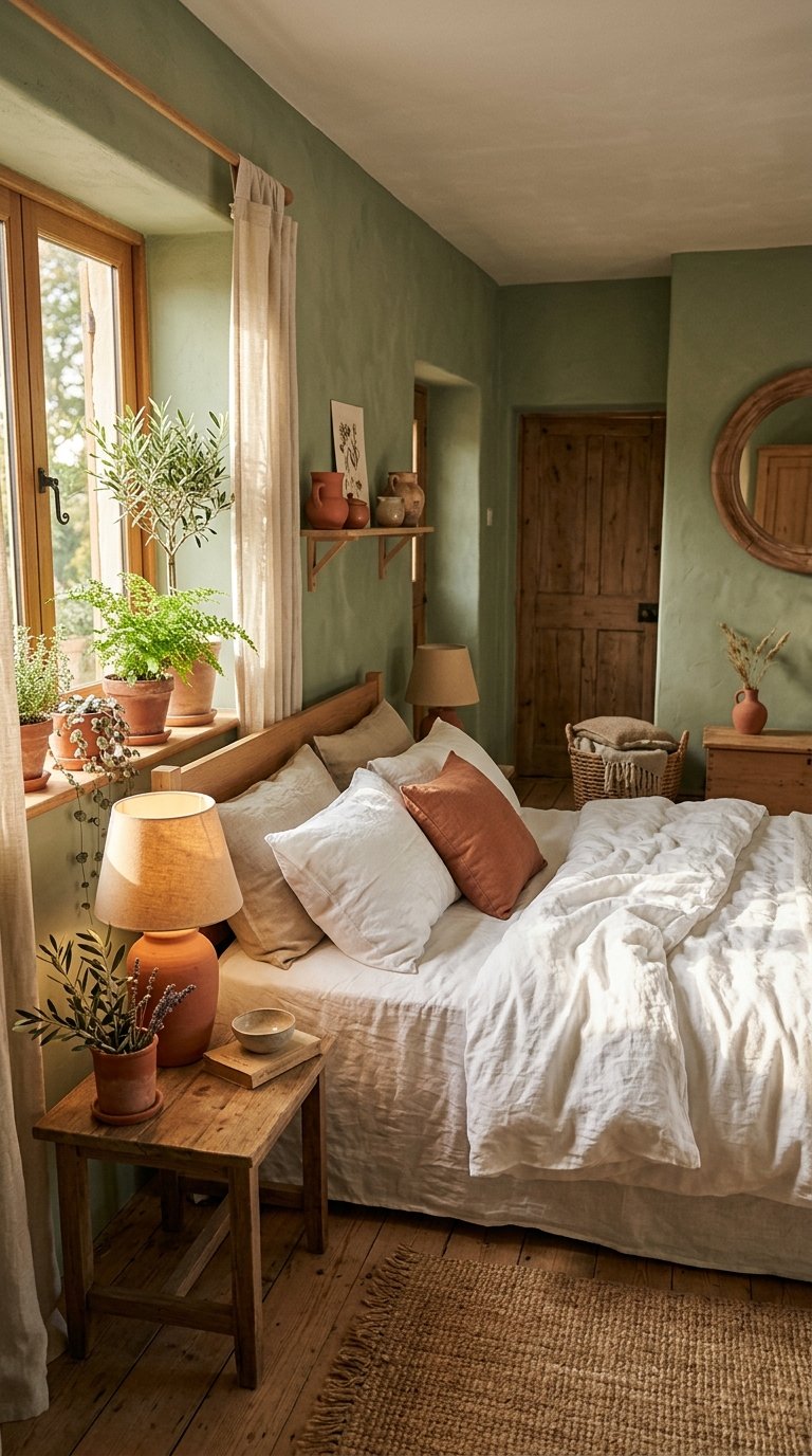 Sage Green and White Bedroom With Terracotta Accents
