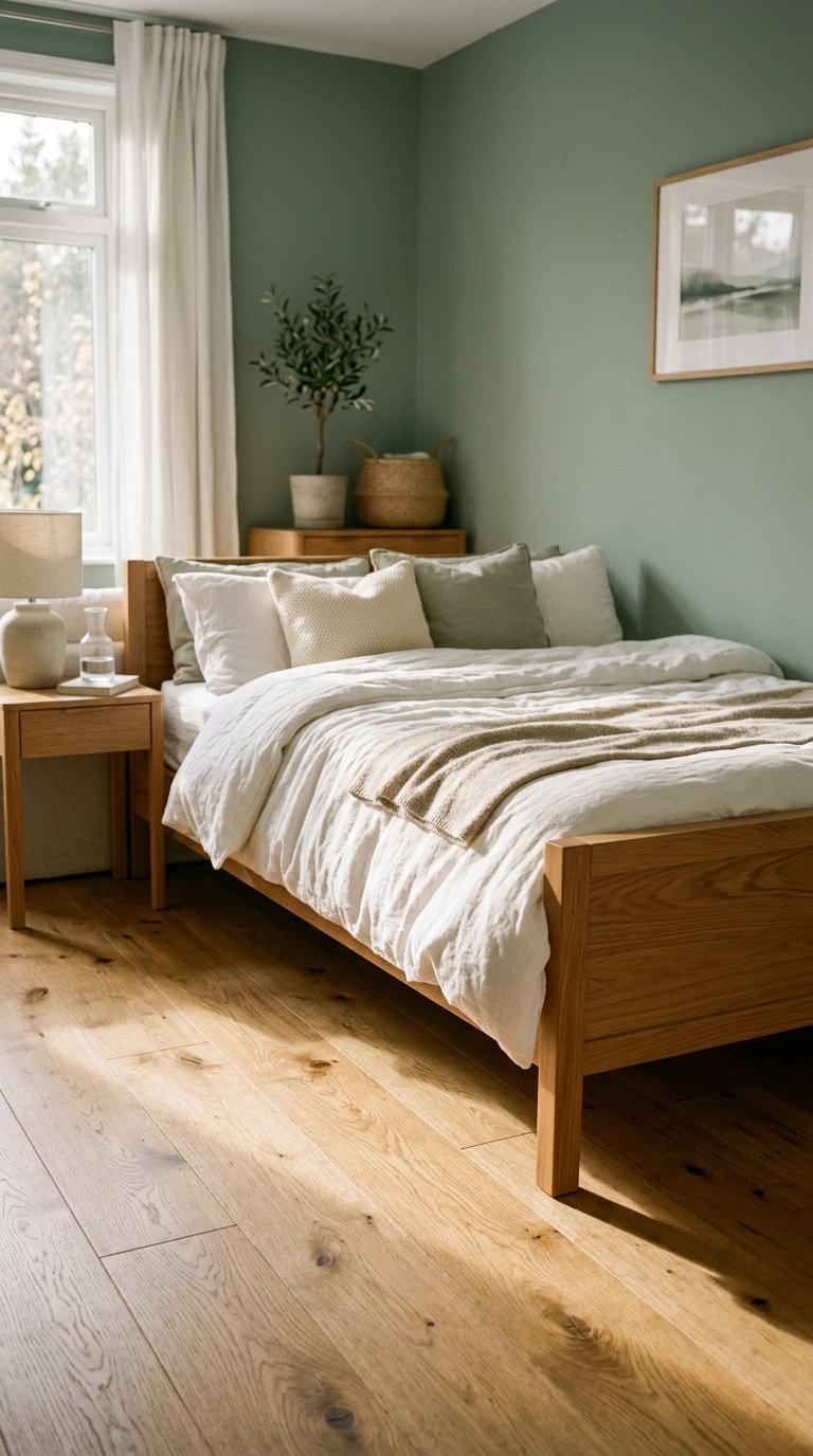 Sage Green and White Bedroom With a Wooden Bed Frame and White Oak Floors