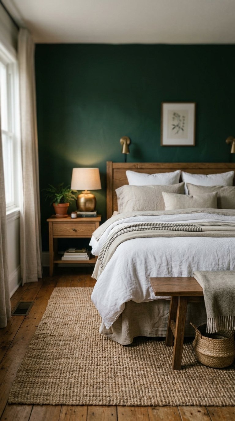 Saturated Green Feature Wall With White and Natural Linen Throughout